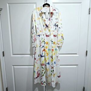 Off WHITE - M - Multicoloured Floral Print Midi Long Sleeves Collared Dress